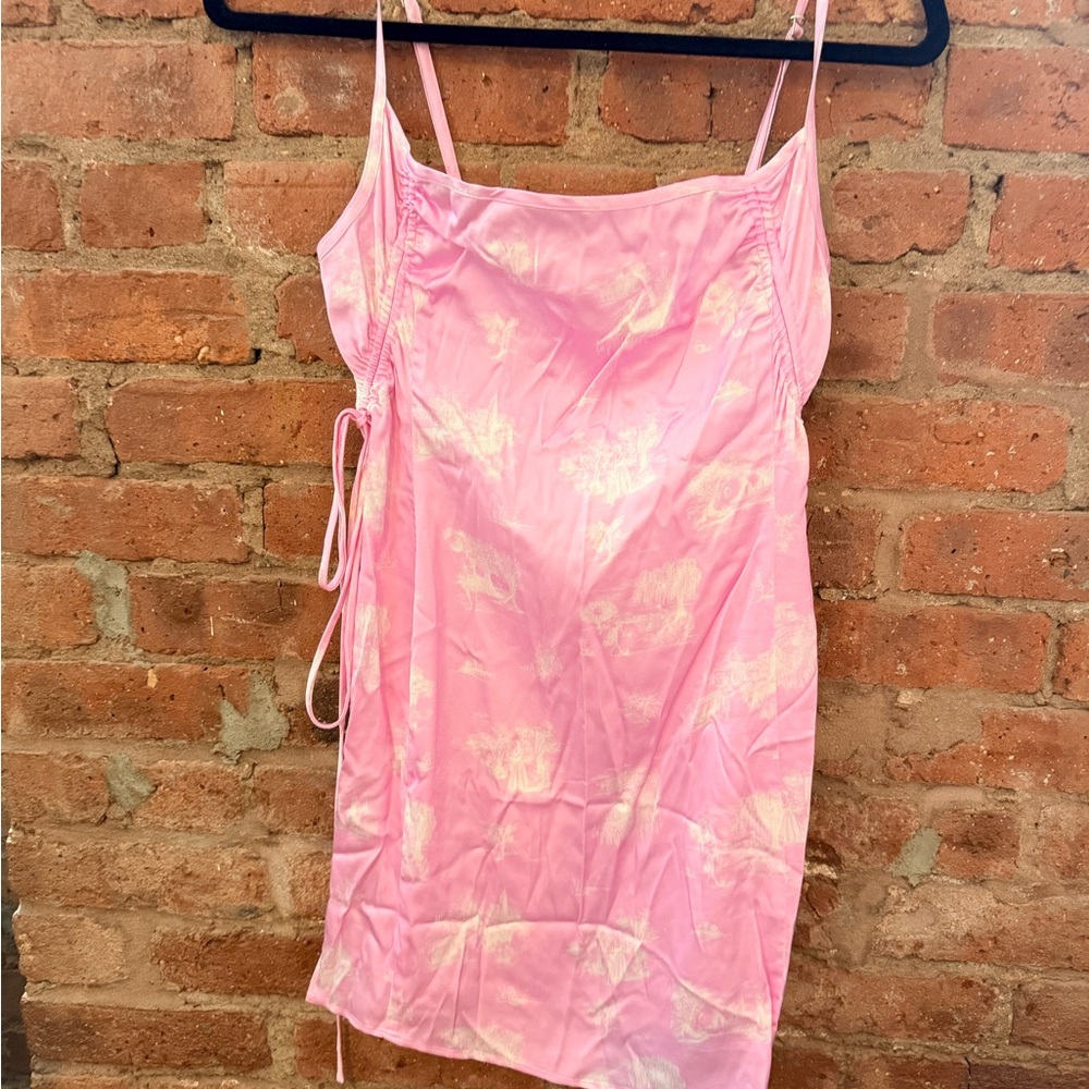 Jacquemus Pink Floral Satin Ruched Side Tie Mini Dress